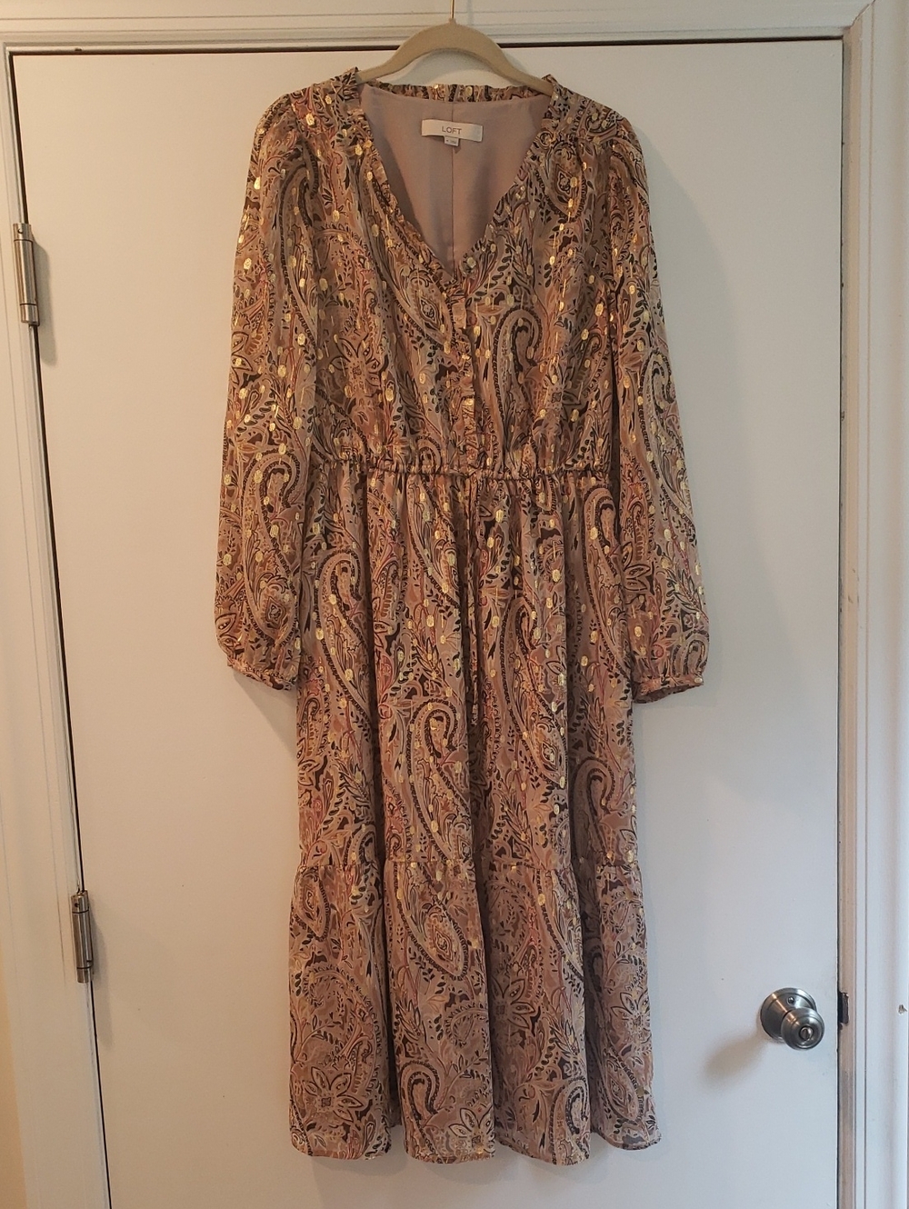LOFT Pink Paisley Long Sleeve Midi Dress with Metallic Accents